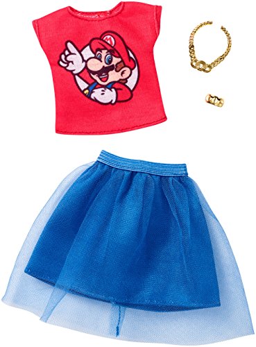 Mattel Barbie FKR83 - Super Mario Kleidung, Mode Set - Blauer Tüllrock und rotes Shirt mit Mario Print, inkl. Armreif und Halskette von Barbie