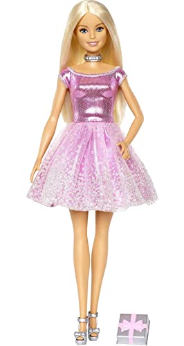 Barbie GDJ36 - Happy Birthday Puppe, blond, mit pinkfarbenem Glitzer-Partykleid und Geschenk, Spielzeug als Geschenk für Kinder von 3 bis 7 Jahren von Barbie