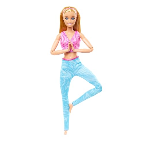 Barbie Made-to-Move-Modepuppe mit blondem Haar, abnehmbarem pinkfarbenen Sportoberteil und Blauer Yogahose, 22 bewegliche Gelenke“, HRH27, [Mehrfarbig] von Barbie