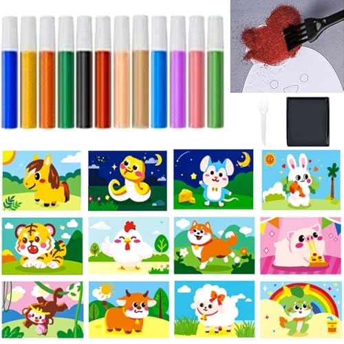 Barlone Sandbilder Bastelset Kinder ab 3 Jahre, 12 Stück Tier Sandbilder Kinder mit Farbiger Sand, Pinsel, Sandtisch, Sandbild für die DIY-Malerei Gemäldekreation von Kindern Basteln Mädchen 3 Jahre von Barlone