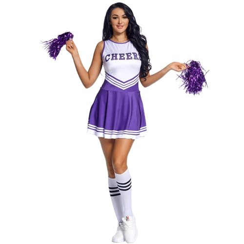 BaronHong Cheerleader-Kostüm für Damen, Musikuniform, komplettes Kostüm + Cheerleading-Pompons + Socken (lila, L) von BaronHong
