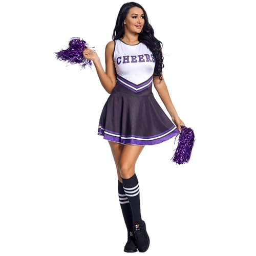 BaronHong Cheerleader-Kostüm für Damen, Musikuniform, komplettes Kostüm + Cheerleading-Pompons + Socken (lila-schwarz, M) von BaronHong