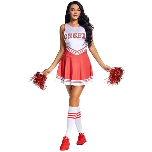 BaronHong Cheerleader-Kostüm für Damen, Musikuniform, komplettes Kostüm + Cheerleading-Pompons + Socken (rot, M) von BaronHong