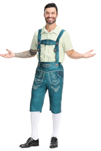 BaronHong Deutsches Oktoberfest-Kostümset für Herren, kariertes Hemd, Hose, bayerische Shorts, Outfit für Rollenspiele, Halloween (grün, M) von BaronHong
