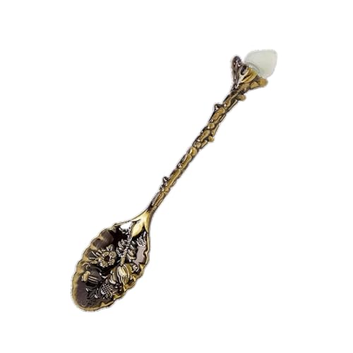 BaronHong Löffel aus natürlichem Kristallrohstein – geschnitzter Rührlöffel im Retro-Stil für Teeservice-Zubehör und Kristallhandwerk (Grün-Fluorit-Schutt-Messing, mittel) von BaronHong