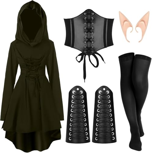 BaronHong Renaissance-Kostüme für Damen, Halloween, mittelalterlicher Vintage-Bademantel mit Kapuze, 5-teiliges Set (grün, XL) von BaronHong
