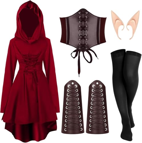 BaronHong Renaissance-Kostüme für Damen, Halloween, mittelalterlicher Vintage-Bademantel mit Kapuze, 5-teiliges Set (rot, M) von BaronHong