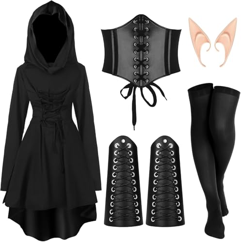 BaronHong Renaissance-Kostüme für Damen, Halloween, mittelalterlicher Vintage-Bademantel mit Kapuze, 5-teiliges Set (schwarz, M) von BaronHong