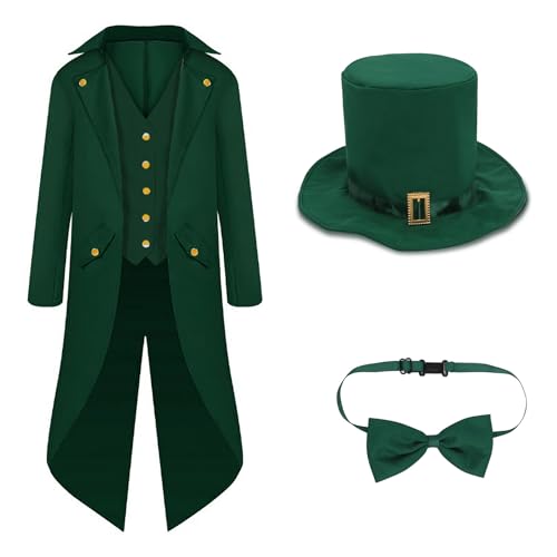 BaronHong St. Patrick Steampunk Frack Kostüme Retro Viktorianisch Gothic Mittelalter Gehrock Anzug Set mit Hut Krawatte (grün, XXL) von BaronHong