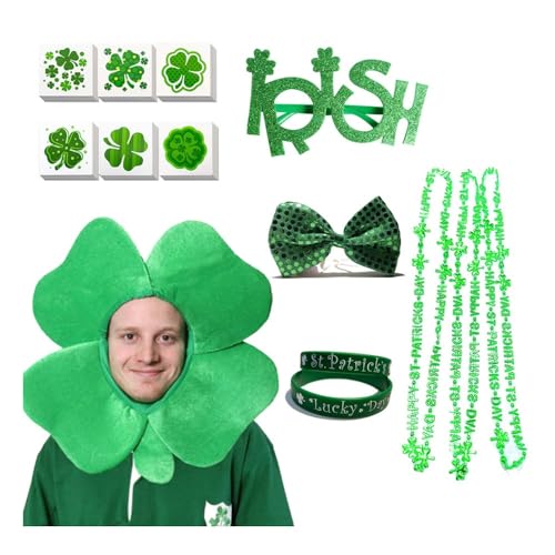 BaronHong St. Patrick's Day Irischer vierblättriger Kleeblatt-Hut-Halsketten-Armband-Set Kleeblatt-Ohrringe Festival-Modeschmuck (grünes Set, M) von BaronHong