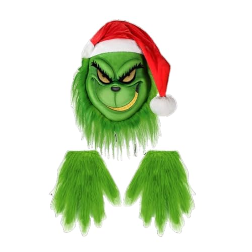 BaronHong Weihnachtskostümmaske und Handschuhe, grüne Monstermaske mit Weihnachtsmütze für Weihnachts-Halloween-Dekorationen (grün, mittel) von BaronHong