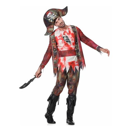 BaronHong Zombie-Piratenkostüm, klassisches Halloween-Kostüm für Herren, gruseliger untoter Zombie-Pirat (rot, M) von BaronHong