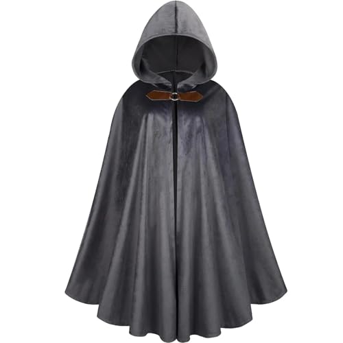 Grüner Renaissance-Umhang mit Kapuze, mittelalterlicher Samtumhang mit Kapuze, Capelet für Herren und Damen, für Hobbit-Halloweenkostüm (grau, M) von BaronHong