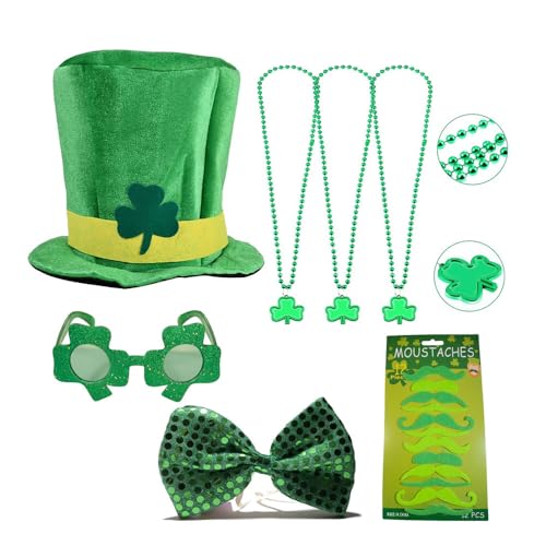 Kostümzubehör-Set zum St. Patrick's Day, Kleeblatt-Koboldmütze, Bart, Weste, Fliege, Halsketten, Brille (7er-Pack, M) von BaronHong