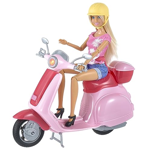 Baroni Toys Anlily Holiday Time Puppe mit beweglichem Roller, Rosa mit Ständer und Zubehör, Puppe für Mädchen mit abnehmbarem Helm und abnehmbarem Topcase, Spielzeug für Mädchen 3 4 5 6 7 Jahre von Baroni Toys