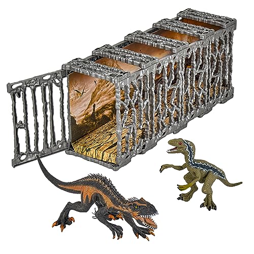 Baroni Toys Dinosaurier im Käfig Kinderspielzeug mit Zwei Dinosauriern, einem kämpfenden Hintergrund und einem klappbaren Käfig, Velociraptor und Indoraptor, für Kinder von 3 4 5 6 7 Jahren von Baroni Toys