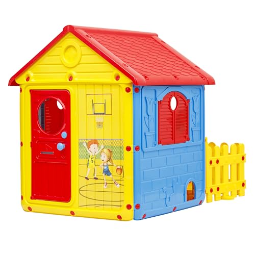Baroni Toys Gartenhaus für Kinder, Kunststoffhaus mit Türen und Fenstern, liebevolle Details, geeignet für Kinder ab 2 Jahren, 122 x 104 x 110 cm, Gelb, Rot und Blau mit Zaun von Baroni Toys