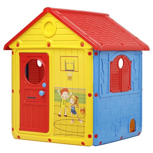 Baroni Toys Gartenhaus für Kinder, Kunststoffhaus mit Türen und Fenstern, liebevolle Details, geeignet für Kinder ab 2 Jahren, 122 x 104 x 110 cm, Gelb, Rot und Blau von Baroni Toys