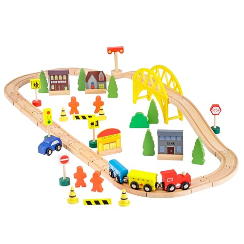 Baroni Toys Kinder Holzspielzeug Zug 60 Stück, Zug und Auto Track mit Track und 30 Zubehör enthalten, Spielzeug für Kinder 3 + mit Geschenk-Box, Oval Track von Baroni Toys