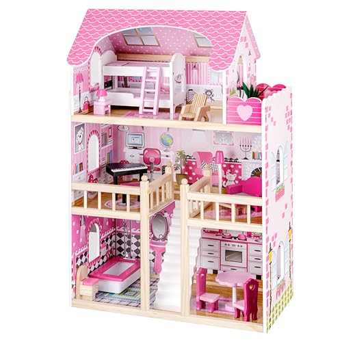 Baroni Toys Puppenhaus aus Holz mit 16 Accessoires und Möbeln, 3 Spielstufen mit 6 Teilen, Spielzeug für Jungen und Mädchen ab 3 Jahren, 90x59x30 cm von Baroni Toys