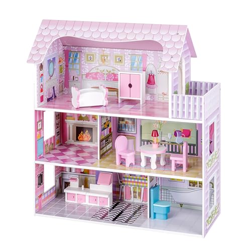 Baroni Toys Puppenhaus aus Holz mit 9 Accessoires und Möbeln, 3 Spielstufen mit 6 Teilen, Spielzeug für Jungen und Mädchen ab 3 Jahren, 70x60x24 cm von Baroni Toys