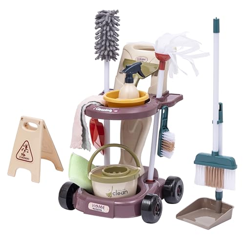 Baroni Toys Putzwagen Spielzeug mit 14-teiligem Putz-Zubehör, Kinderbesen, Seife und anderes Zubehör für Kinder, Hausputzset Kinder 3 bis 7 Jahre von Baroni Toys