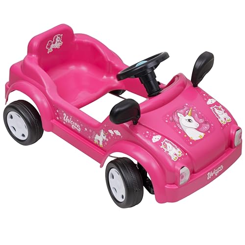 Baroni Toys Speedy Drive für Kinder, Babycar mit Pedalen aus Kunststoff mit Hupe und verstellbaren Spiegeln, 2 5 Jahre, 42 x 79 x 49 cm, Rosa Einhorn von Baroni Toys