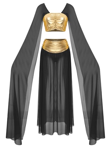 Alte ägyptische Königin Kostüm für Damen, Kleopatra, Cosplay-Outfits, bauchfreies Top und geteilter Chiffonrock (Schwarz, XL) von Bascabeen