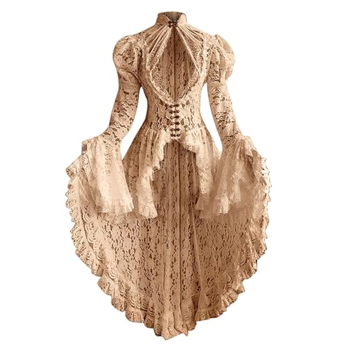 Bascabeen Damen Spitze Patchwork Kleid Stehkragen Langarm Ausgestellte Ärmel Gothic Kleid Frauen Unregelmäßiger Saum Swing Outfit Hohe Taille Midirock Kostüm Outfit (Beige, M) von Bascabeen