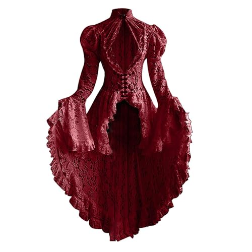 Bascabeen Damen Spitze Patchwork Kleid Stehkragen Langarm Ausgestellte Ärmel Gothic Kleid Frauen Unregelmäßiger Saum Swing Outfit Hohe Taille Midirock Kostüm Outfit (Wein, XXL) von Bascabeen
