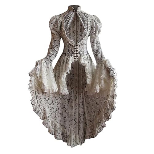 Bascabeen Damen Spitze Patchwork Kleid Stehkragen Langarm Ausgestellte Ärmel Gothic Kleid Frauen Unregelmäßiger Saum Swing Outfit Hohe Taille Midirock Kostüm Outfit (Weiß, L) von Bascabeen