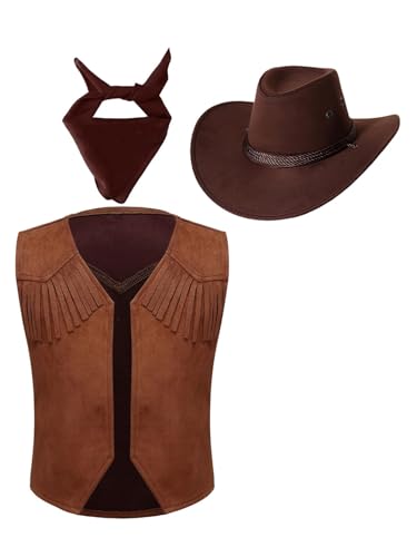 Cowboy-Cowgirl-Kostüm, Kuh-Fransenweste mit Paisleymuster, Bandana und Cowboyhut, Set für Halloween, Karneval, Cosplay (Braun, 9–10 Jahre) von Bascabeen