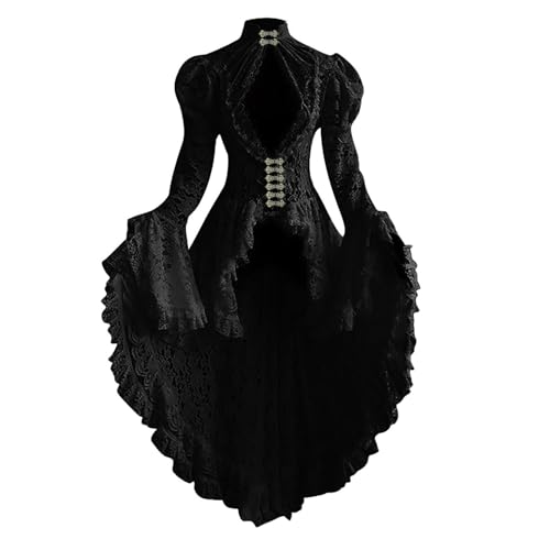 Damen Spitze Patchwork Kleid Stehkragen Langarm Ausgestellte Ärmel Gothic Kleid Frauen Unregelmäßiger Saum Swing Outfit Hohe Taille Midirock Kostüm Outfit (Schwarz, L) von Bascabeen