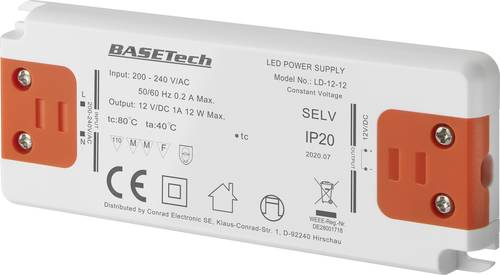 Basetech LD-12-12 LED-Trafo Konstantspannung 12W 1A Möbelzulassung, Überspannung, Montage auf entf von Basetech