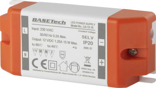Basetech LD-12-15 LED-Trafo Konstantspannung 15W 1.25A Möbelzulassung, Überspannung, Montage auf e von Basetech