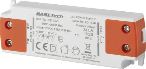 Basetech LD-12-20 LED-Trafo Konstantspannung 20W 1.66A Möbelzulassung, Überspannung, Montage auf e von Basetech