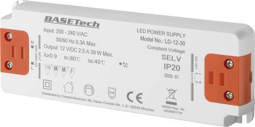 Basetech LD-12-30 LED-Trafo Konstantspannung 30W 2.5A Möbelzulassung, Überspannung, Montage auf en von Basetech