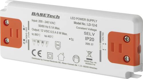 Basetech LD-12-6 LED-Trafo Konstantspannung 6W 0.5A Möbelzulassung, Überspannung, Montage auf entf von Basetech