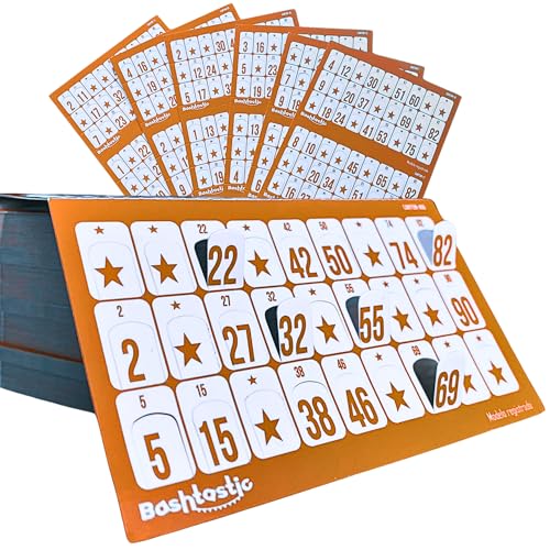 Bashtastic Bingo Karten - Gestanzte Bingokarten, Bingo Spiel Erwachsene, Bingo Block für Bingo, Wiederverwendbare Bingokarten, nummeriert und unterschiedlich voneinander. (Orange, 504 Bingo Karten) von Bashtastic
