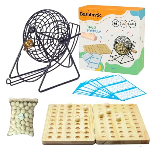 Bashtastic Bingo Spiel - Bingo Set mit Bingotrommel aus Metall, 90 Holzkugeln mit Lasergravur, Holzbrett und 102 Bingokarten ganz ohne zusätzliche Bingo Chips oder Bingo Stifte Bashtastic Bingo Spiel - Bingo Set mit Bingotrommel aus Metall, 90 Holzkugeln mit Lasergravur, Holzbrett und 102 Bingokarten ganz ohne zusätzliche Bingo Chips oder Bingo Stifte von Bashtastic
