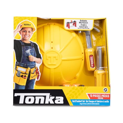 Tonka Tough Tool Gürtel & Hut Set, mit 11 Werkzeugen enthalten, Pretend Play Builder, Construction Dress Up, Kostümwerkzeuge & Schutzhelm, DIY Spielzeug für Kinder, Mädchen im Alter von 18 Monaten+ von Basic Fun