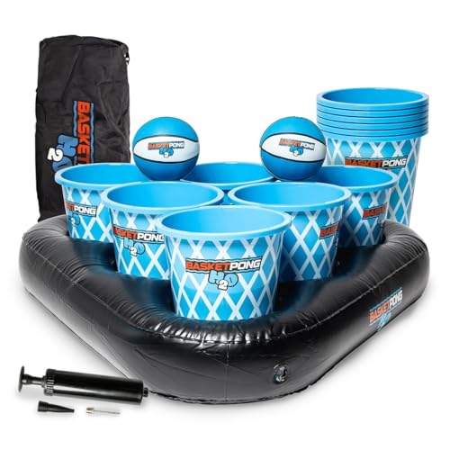 BasketPong H2O Aufblasbares Pool Yard Pong Spiel mit Korb Bällen & Eimern Outdoor Spiel für Rasen, Strand & Hinterhof Pool Enthält 12 Eimer, 2 Korbbälle, Tragetasche, Luftpumpe & 2 Flosse von BasketPong