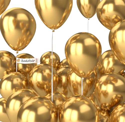 BIO Luftballons Gold [25 Stück] Glänzend/Chrome • Ø38cm XXL • MADE IN EU • Umweltbewusst & Kompostierbar • Premium Bio Ballons Gold • 100% Naturlatex • Goldene Luftballon - Luftballons Geburtstag von Bastelbär