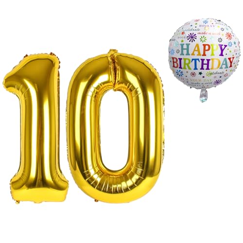 Luftballon 10. Geburtstag • XXL Riesen Folienballon SET • 101cm + 45 cm Ballon + 5M Deko Band • Folienballon 10 • Helium geeignet • Wiederverwendbar • Geburtstagsdeko Jungen Mädchen Zahl Ballon 10 von Bastelbär