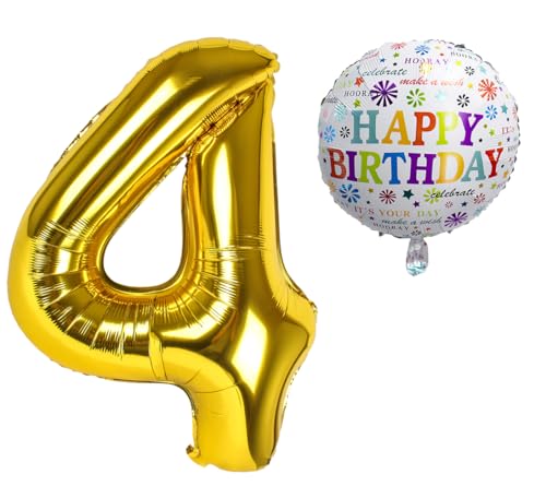 Luftballon 4. Geburtstag • XXL Riesen Folienballon SET • 101cm + 45 cm Ballon + 5M Deko Band • Folienballon 4 • Helium geeignet • Wiederverwendbar • Geburtstagsdeko Jungen Mädchen Ballon Zahl Ballon 4 von Bastelbär