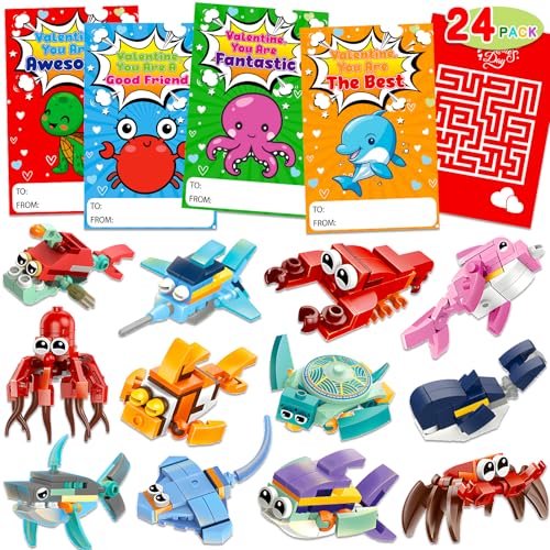24 Stück Ozean-Tier-Bausteine, Valentinstagskarten für Kinder, Klassenzimmer, Schule, Valentinstag, Austauschgeschenke, Jungen und Mädchen, Partygeschenke, Geschenktüten, Klasse, Valentinstag, 24 Stück Ozean-Tier-Bausteine, Valentinstagskarten für Kinder, Klassenzimmer, Schule, Valentinstag, Austauschgeschenke, Jungen und Mädchen, Partygeschenke, Geschenktüten, Klasse, Valentinstag, von Basytodio