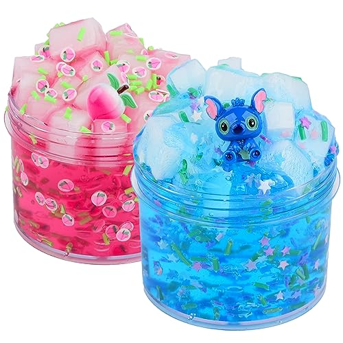 2 Pack Jelly Cube Crunchy Slime Kit, Blue and Pink Clear Crunchy Slime, Super Soft Crystal Slime Toy, for Kids Party Favors and School Education, Stress Relief Toy for Girls and Boys von Basywiim