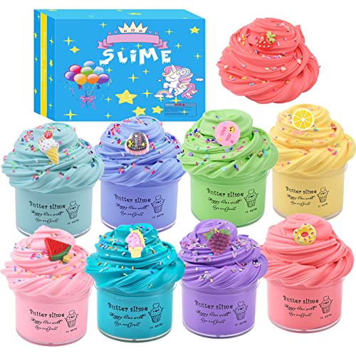 Fluffy Butter Slime Set - 8 Farben Putty Slime Kit, DIY Schleim Kit Kids Art Craft, Soft and Stretchy, mit Einhorn und Zubehör für Obstschleim, Ideal Gift for Girls Boys Kids Blue Box-8 Pack von Basywiim