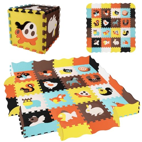 Große Kinder Puzzlematte aus Eva (145x145 cm, 36 Teile) | rutschfest & schalldämmend | Mit 16 Lern-Tieren | Spielteppich zum Stecken, Bauen & Lernen | Krabbelmatte von BatdTech