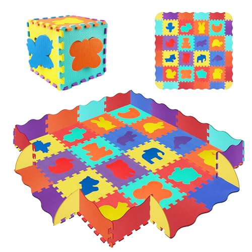 Puzzlematte für Kinder, 145 x 145 cm, 36 Teile mit Zaun 15 cm, sicherer EVA-Schaumstoff, BPA-frei, rutschfest, weich zum Krabbeln, bunte pädagogische Tiere | +1 Jahr von BatdTech